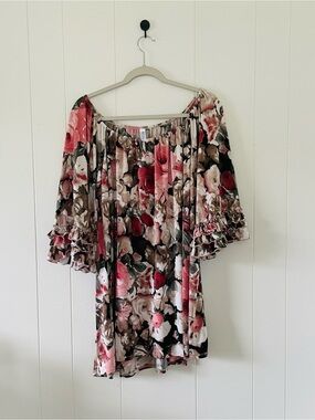 Floral Off-Shoulder Ruffle Sleeve Blouse - Pink Brown